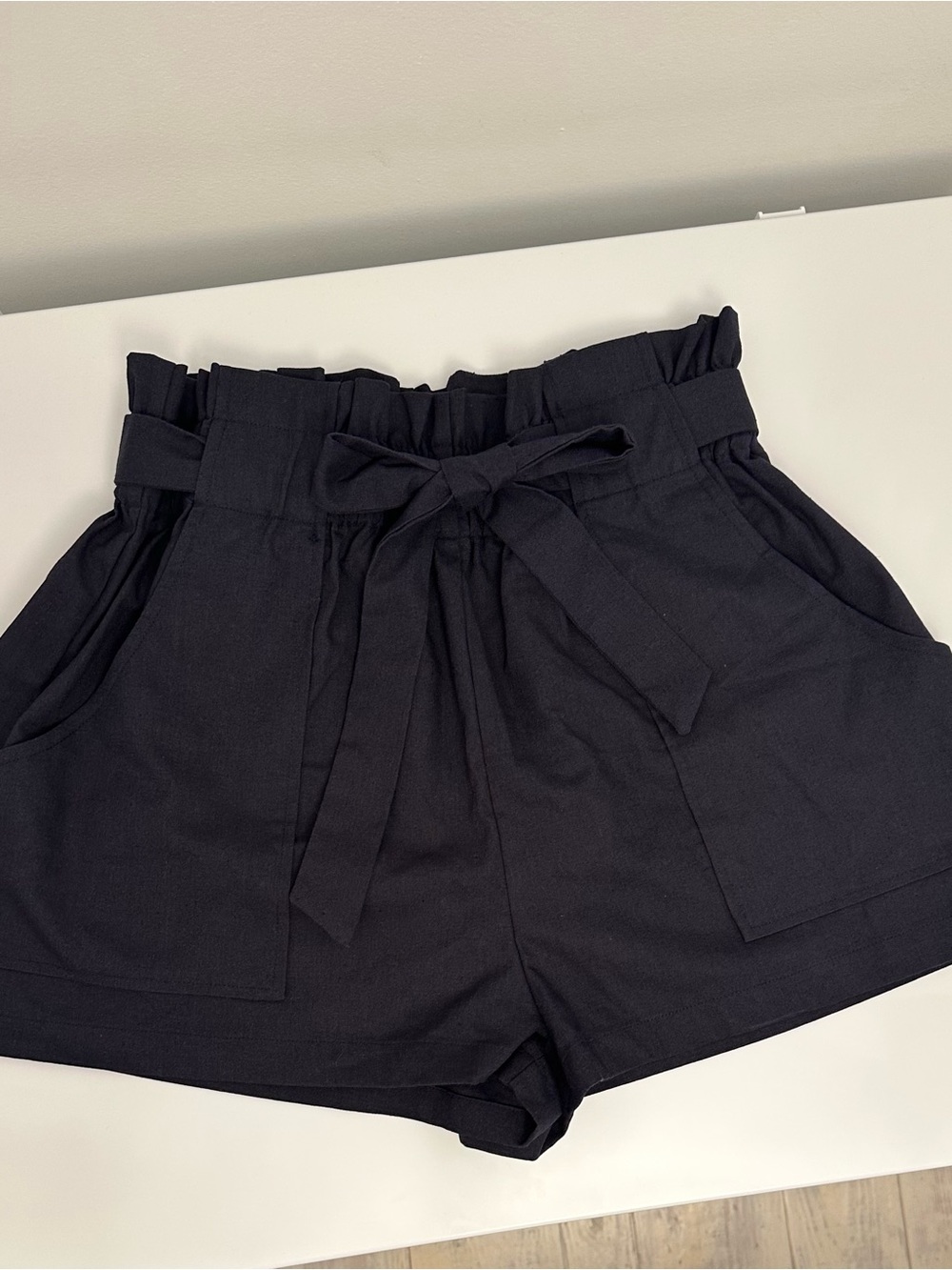 NWT Navy High-Waist Paperbag Tie-Front Shorts